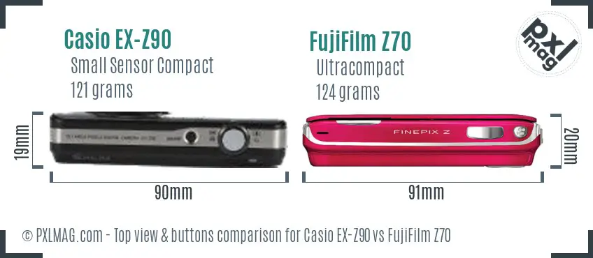 Casio EX-Z90 vs FujiFilm Z70 top view buttons comparison