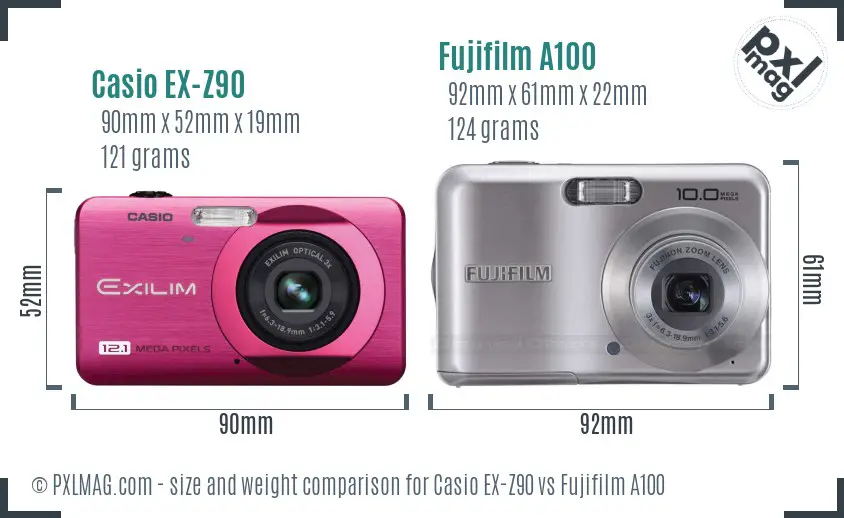 Casio EX-Z90 vs Fujifilm A100 size comparison