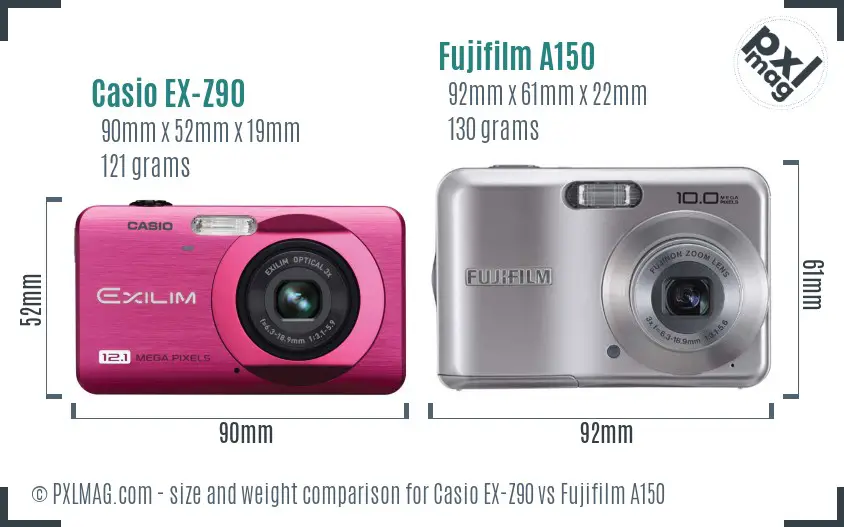 Casio EX-Z90 vs Fujifilm A150 size comparison Casio EX-Z90 vs Fujifilm A150 size comparison