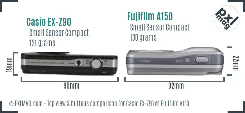 Casio EX-Z90 vs Fujifilm A150 top view buttons comparison Casio EX-Z90 vs Fujifilm A150 top view buttons comparison