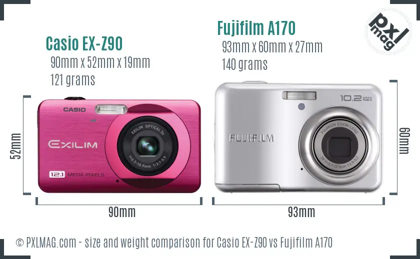 Casio EX-Z90 vs Fujifilm A170 size comparison