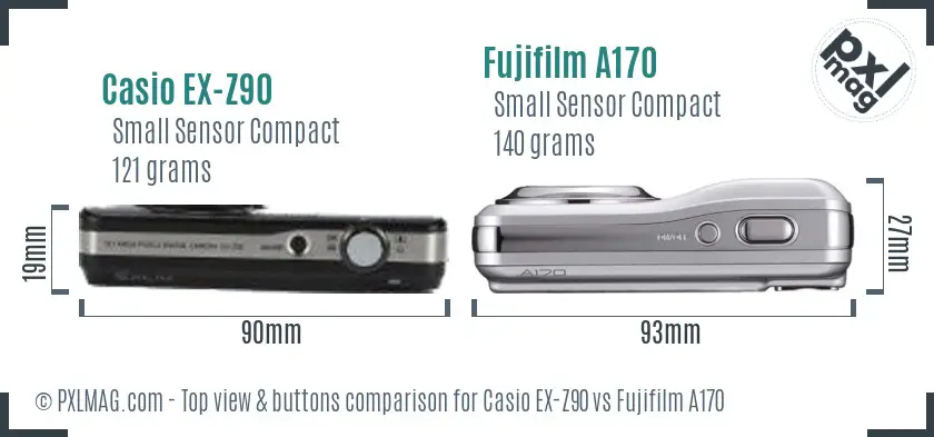 Casio EX-Z90 vs Fujifilm A170 top view buttons comparison