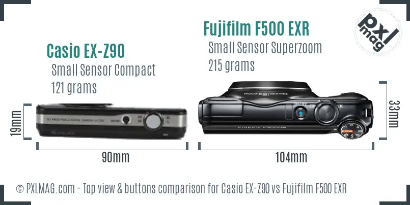 Casio EX-Z90 vs Fujifilm F500 EXR top view buttons comparison Casio EX-Z90 vs Fujifilm F500 EXR top view buttons comparison