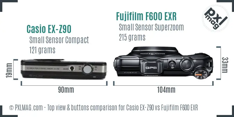 Casio EX-Z90 vs Fujifilm F600 EXR top view buttons comparison