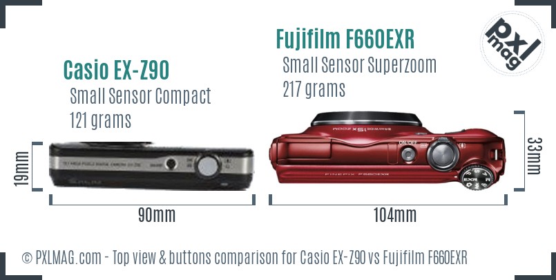 Casio EX-Z90 vs Fujifilm F660EXR top view buttons comparison