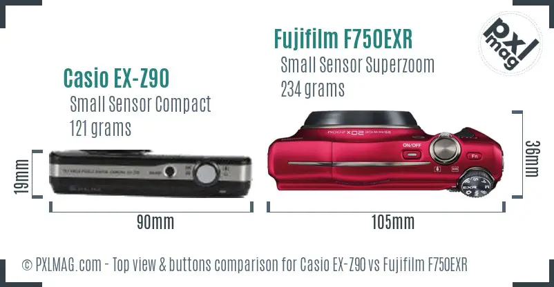 Casio EX-Z90 vs Fujifilm F750EXR top view buttons comparison