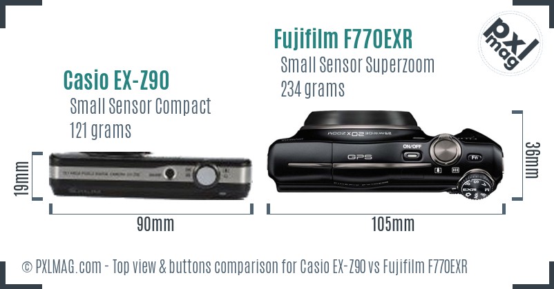 Casio EX-Z90 vs Fujifilm F770EXR top view buttons comparison