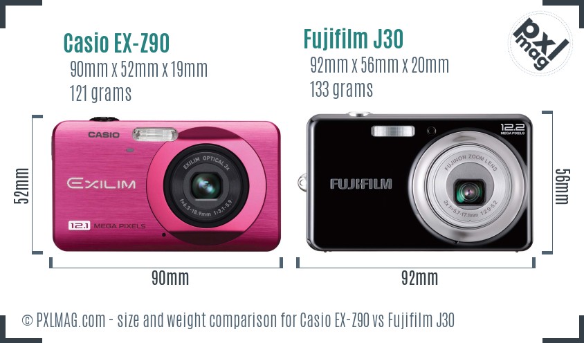 Casio EX-Z90 vs Fujifilm J30 size comparison