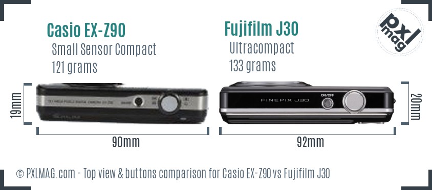 Casio EX-Z90 vs Fujifilm J30 top view buttons comparison
