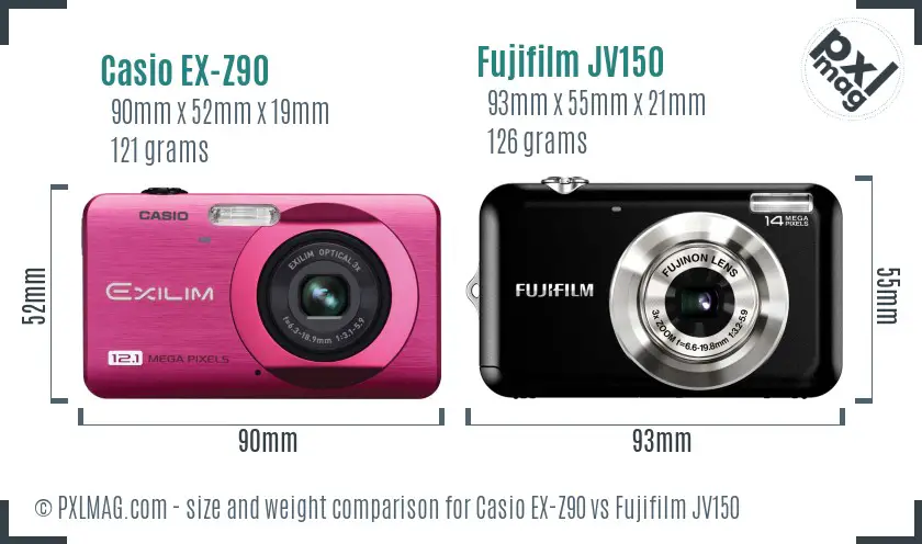 Casio EX-Z90 vs Fujifilm JV150 size comparison Casio EX-Z90 vs Fujifilm JV150 size comparison