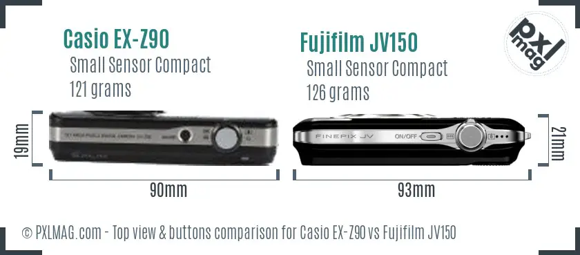 Casio EX-Z90 vs Fujifilm JV150 top view buttons comparison Casio EX-Z90 vs Fujifilm JV150 top view buttons comparison