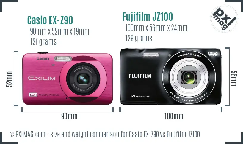 Casio EX-Z90 vs Fujifilm JZ100 size comparison