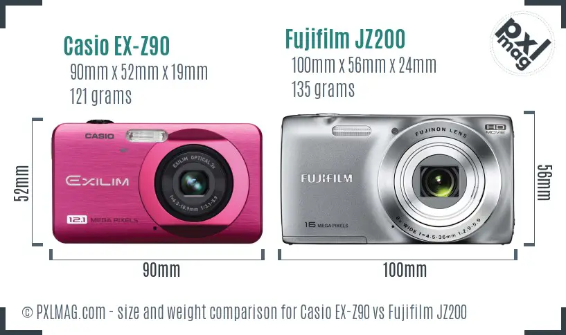 Casio EX-Z90 vs Fujifilm JZ200 size comparison