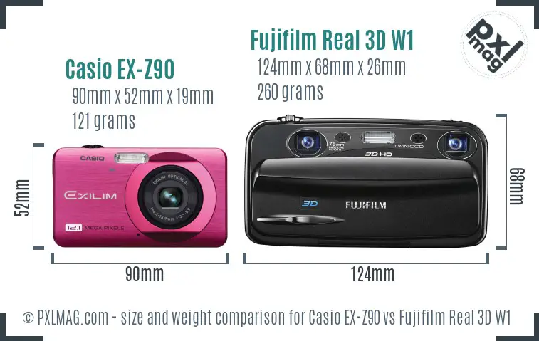 Casio EX-Z90 vs Fujifilm Real 3D W1 size comparison