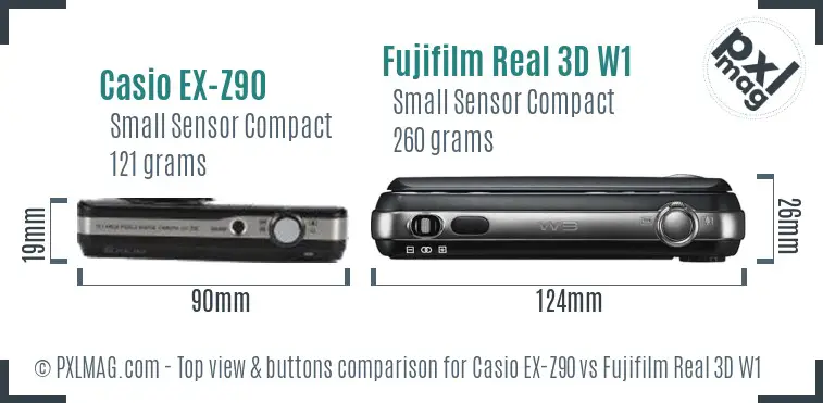 Casio EX-Z90 vs Fujifilm Real 3D W1 top view buttons comparison