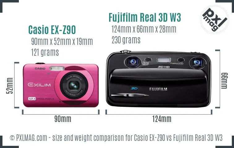 Casio EX-Z90 vs Fujifilm Real 3D W3 size comparison