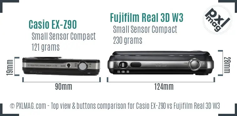 Casio EX-Z90 vs Fujifilm Real 3D W3 top view buttons comparison