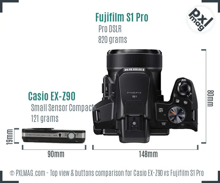 Casio EX-Z90 vs Fujifilm S1 Pro top view buttons comparison