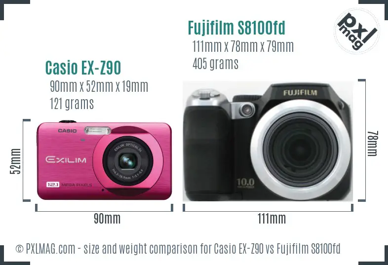 Casio EX-Z90 vs Fujifilm S8100fd size comparison