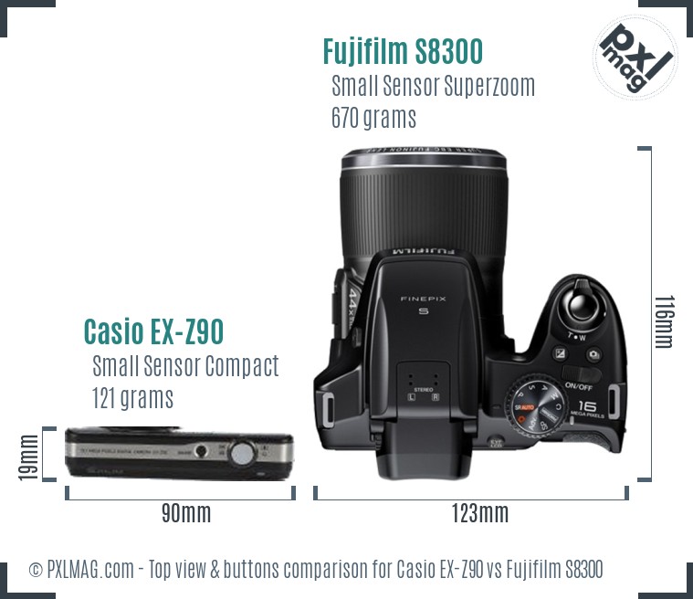 Casio EX-Z90 vs Fujifilm S8300 top view buttons comparison
