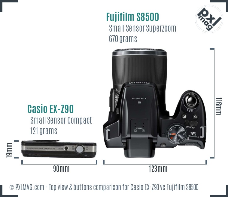 Casio EX-Z90 vs Fujifilm S8500 top view buttons comparison