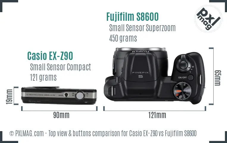 Casio EX-Z90 vs Fujifilm S8600 top view buttons comparison Casio EX-Z90 vs Fujifilm S8600 top view buttons comparison