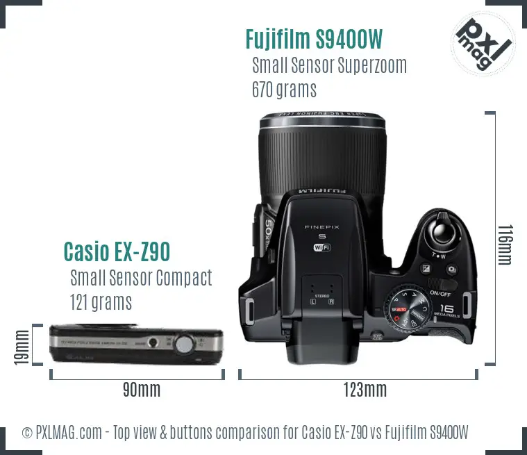 Casio EX-Z90 vs Fujifilm S9400W top view buttons comparison