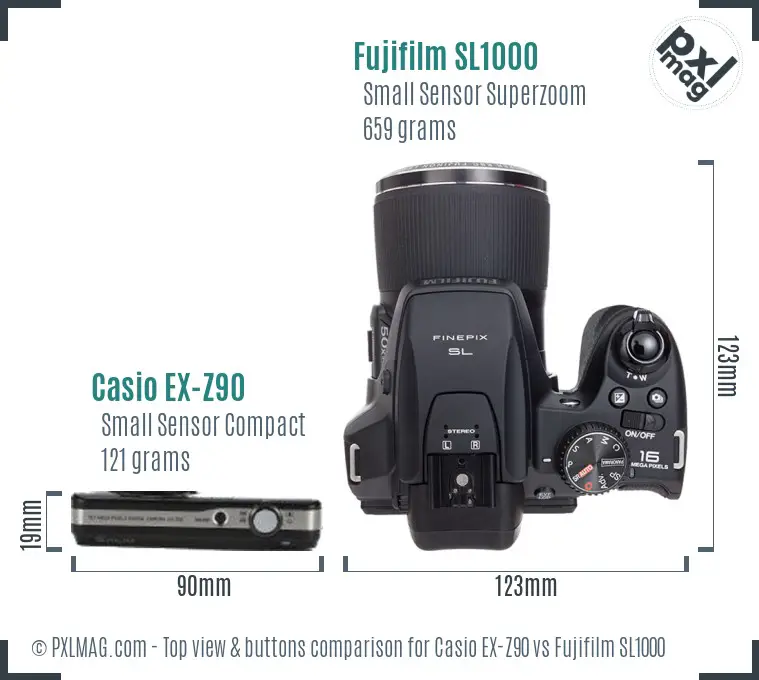 Casio EX-Z90 vs Fujifilm SL1000 top view buttons comparison