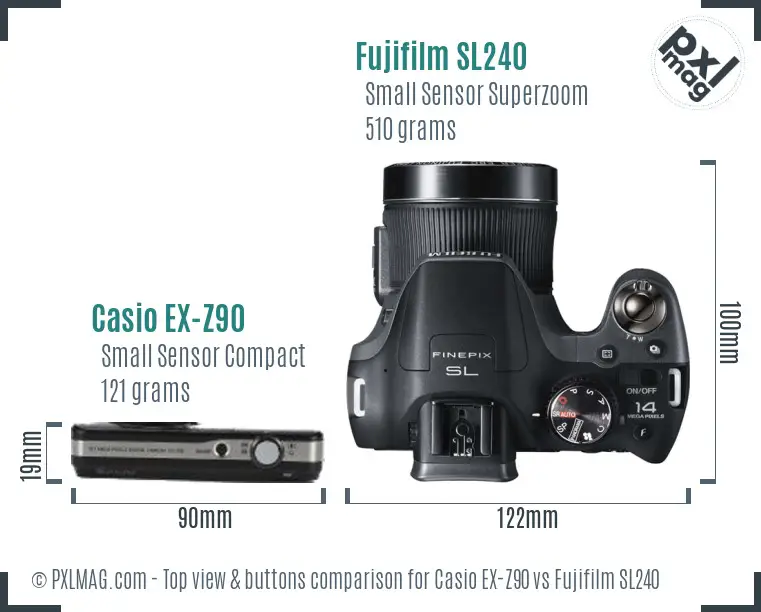 Casio EX-Z90 vs Fujifilm SL240 top view buttons comparison Casio EX-Z90 vs Fujifilm SL240 top view buttons comparison