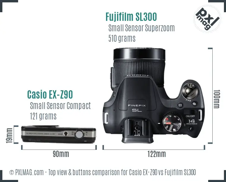 Casio EX-Z90 vs Fujifilm SL300 top view buttons comparison