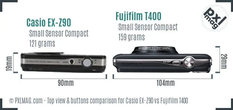 Casio EX-Z90 vs Fujifilm T400 top view buttons comparison Casio EX-Z90 vs Fujifilm T400 top view buttons comparison