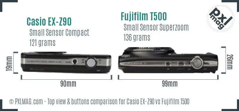 Casio EX-Z90 vs Fujifilm T500 top view buttons comparison