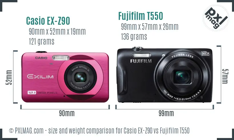 Casio EX-Z90 vs Fujifilm T550 size comparison