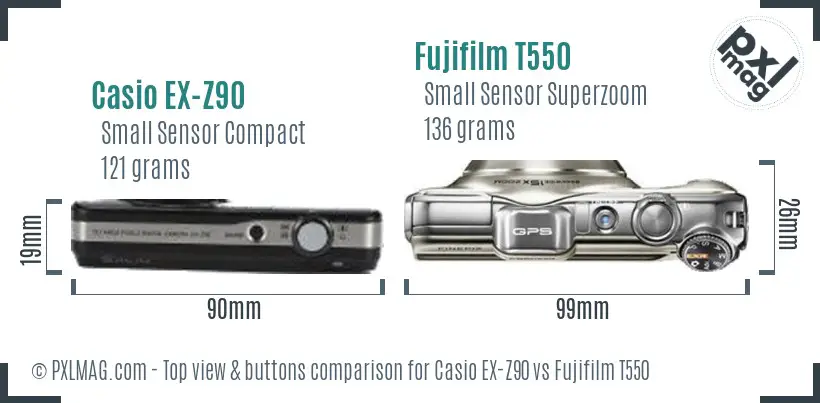 Casio EX-Z90 vs Fujifilm T550 top view buttons comparison