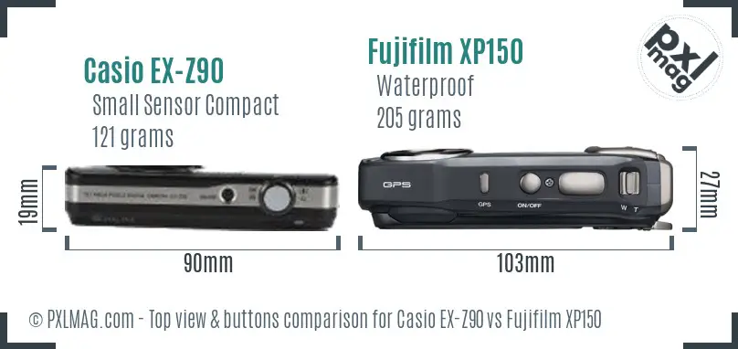 Casio EX-Z90 vs Fujifilm XP150 top view buttons comparison