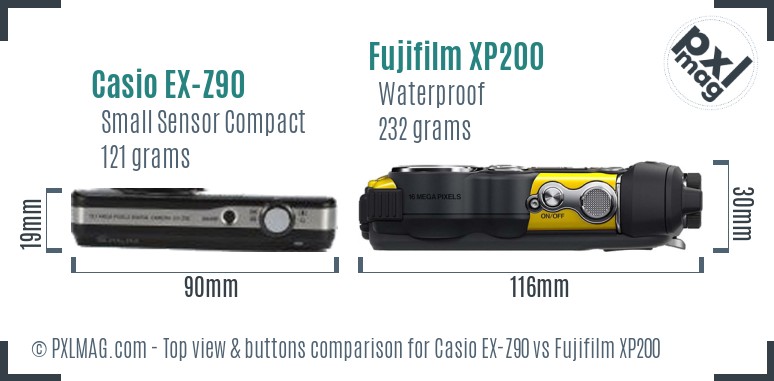 Casio EX-Z90 vs Fujifilm XP200 top view buttons comparison