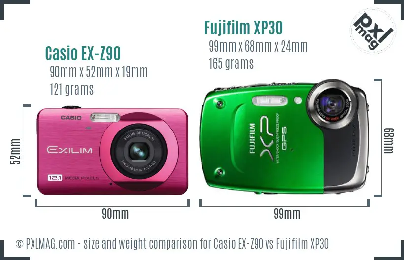 Casio EX-Z90 vs Fujifilm XP30 size comparison Casio EX-Z90 vs Fujifilm XP30 size comparison