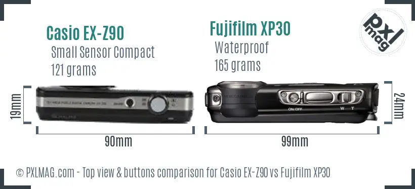 Casio EX-Z90 vs Fujifilm XP30 top view buttons comparison Casio EX-Z90 vs Fujifilm XP30 top view buttons comparison