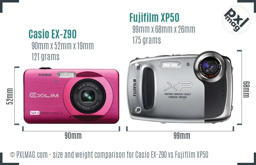 Casio EX-Z90 vs Fujifilm XP50 size comparison