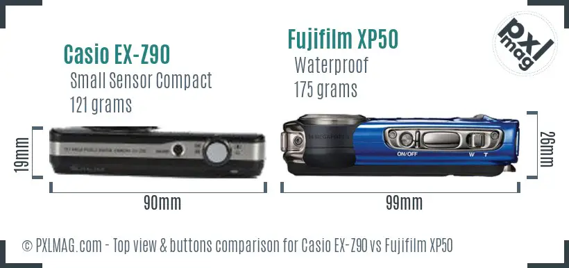 Casio EX-Z90 vs Fujifilm XP50 top view buttons comparison