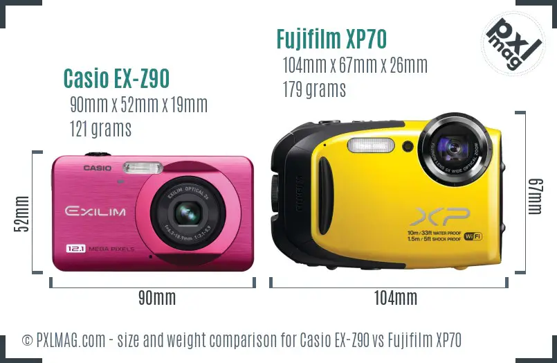 Casio EX-Z90 vs Fujifilm XP70 size comparison