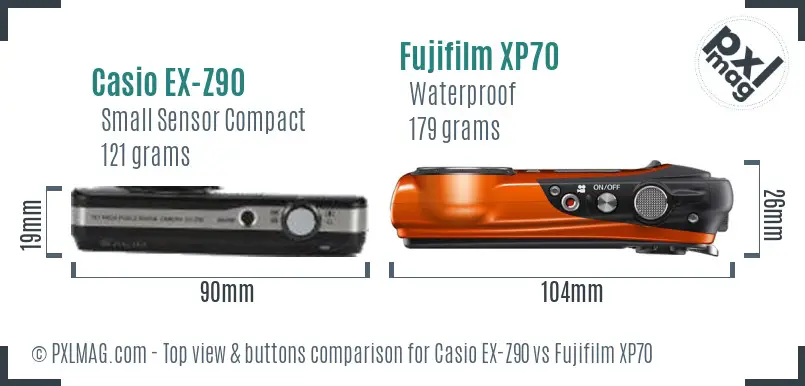 Casio EX-Z90 vs Fujifilm XP70 top view buttons comparison