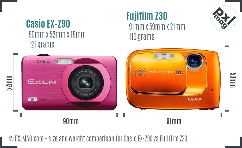 Casio EX-Z90 vs Fujifilm Z30 size comparison