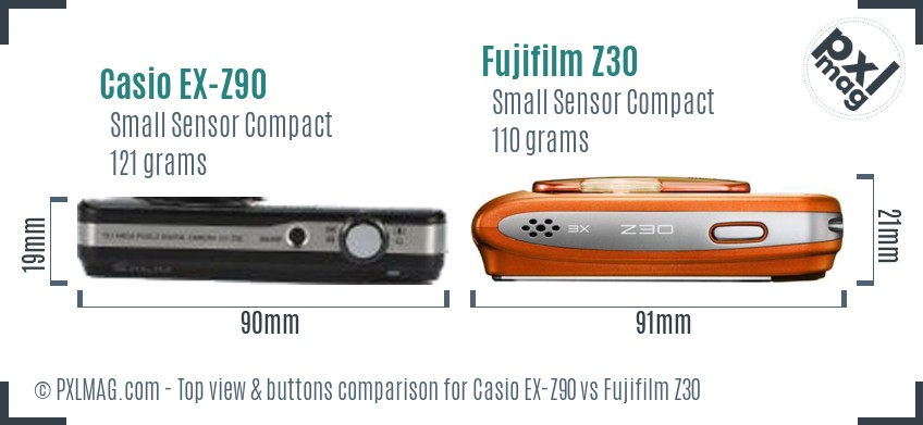 Casio EX-Z90 vs Fujifilm Z30 top view buttons comparison