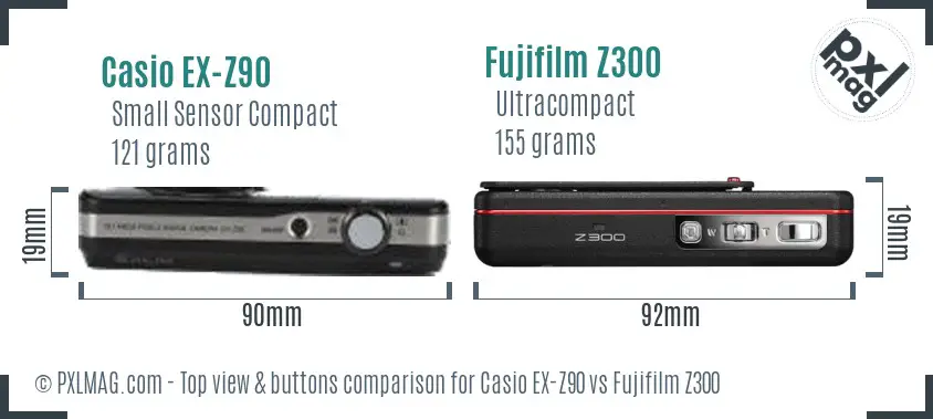 Casio EX-Z90 vs Fujifilm Z300 top view buttons comparison