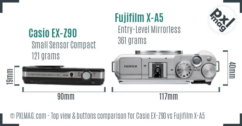 Casio EX-Z90 vs Fujifilm X-A5 top view buttons comparison