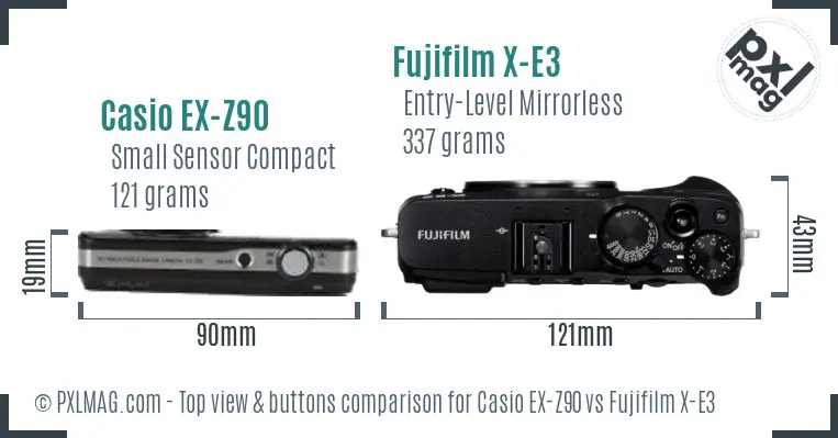 Casio EX-Z90 vs Fujifilm X-E3 top view buttons comparison