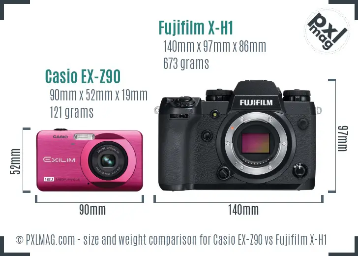 Casio EX-Z90 vs Fujifilm X-H1 size comparison