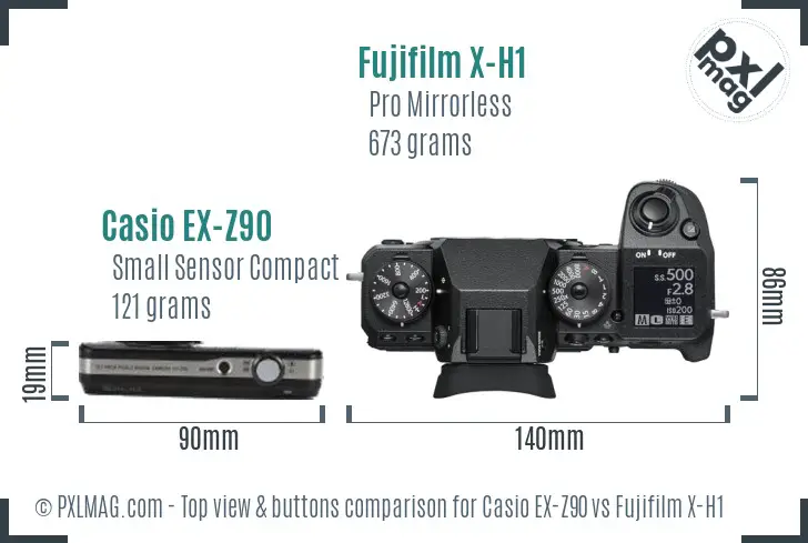 Casio EX-Z90 vs Fujifilm X-H1 top view buttons comparison