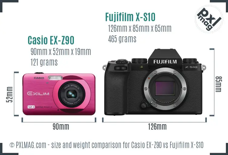 Casio EX-Z90 vs Fujifilm X-S10 size comparison Casio EX-Z90 vs Fujifilm X-S10 size comparison